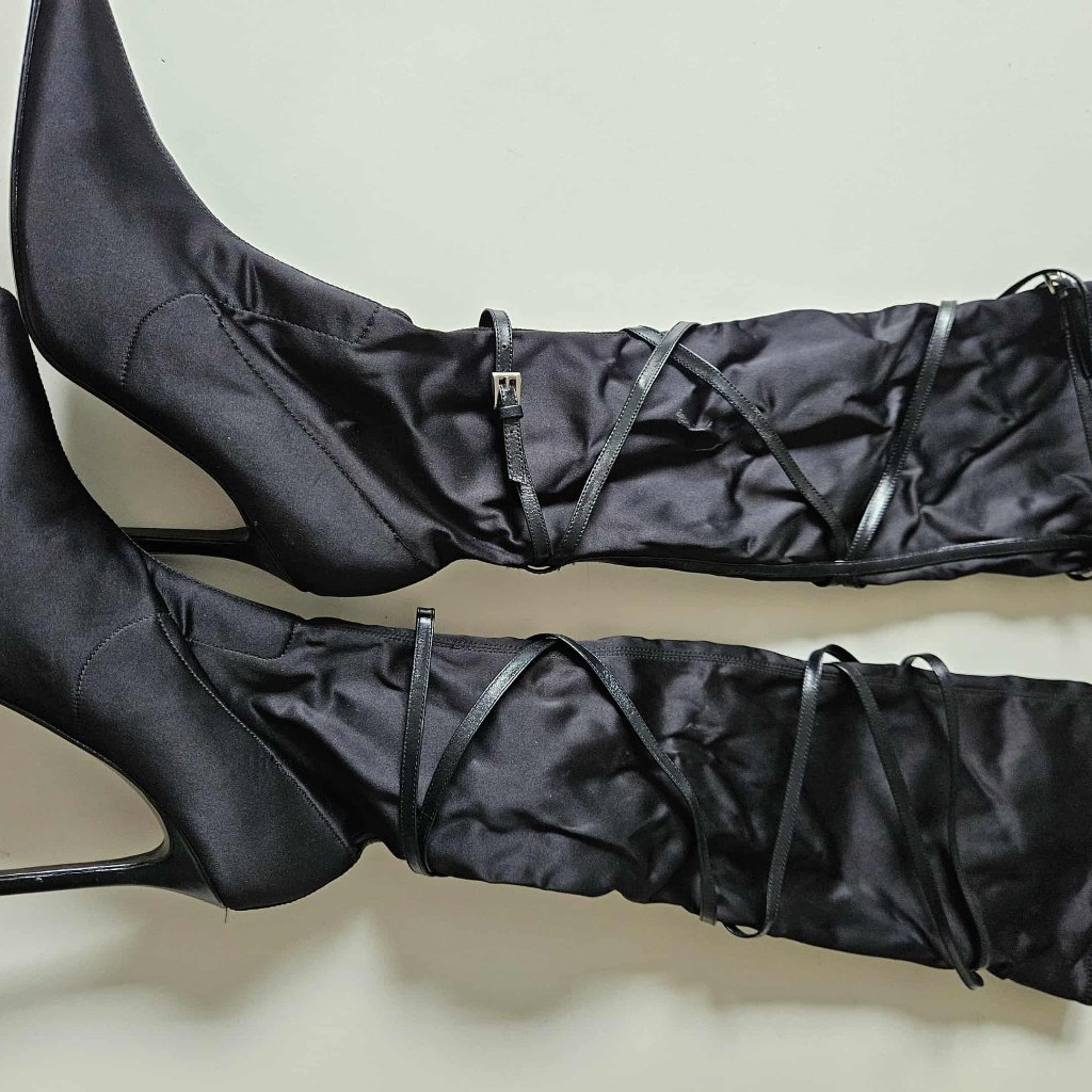 Blk Satin Over The Knee Boots Size 9